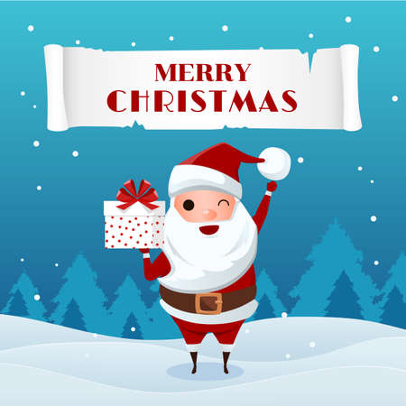 Santa Claus holding gift box in snowy scene vectorのイラスト素材