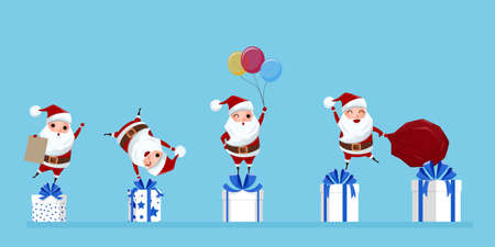 Set of cute Santa Claus character in a variety of gestures on on gift boxes Cartoon Vector Illustration.のイラスト素材