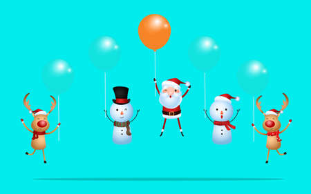 Outstanding santa claus rises above with balloon and reindeer snowman flying with balloon. Merry Christmas and happy new year. Cartoon Vector Illustrationのイラスト素材