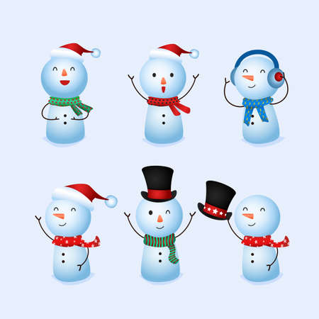 Winter holidays cute snowman collection of christmas. Cheerful snowman in different poses. Snowman with hat earmuffs and scarf. Merry christmas and Happy new year. Cartoon Vector Illustration.のイラスト素材