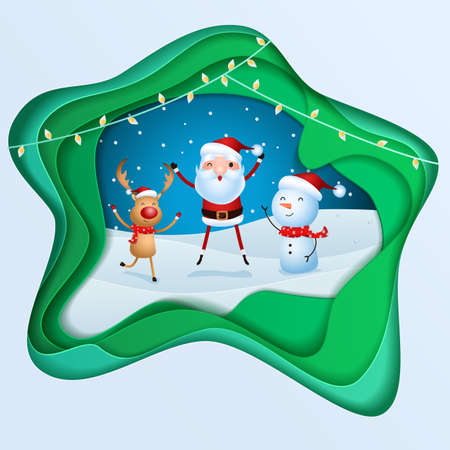 Paper art depth concept of christmas. Cheerful santa claus, snowman, reindeer are christmas companion. christmas snow scene. Merry christmas and happy new year. Cartoon Vector Illustration.のイラスト素材