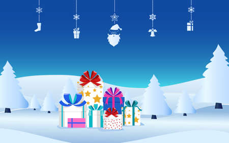 Winter holiday christmas presents with ribbon bow on snow scene. Christmas gift boxes and hanging elements. Merry christmas and happy new year. Cartoon Vector Illustration.のイラスト素材