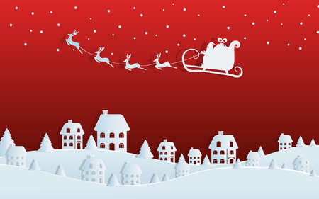 Paper art concept of christmas with santa claus flying with reindeer sleigh on sky to village. Merry christmas and happy new year. Cartoon Vector Illustration.のイラスト素材