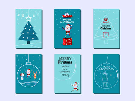 Collection of Merry Christmas greeting cards and invitations. Santa claus with surprise gift box. Christmas tree ornaments and decorative elements. Merry Christmas and Happy new year. Cartoon Vector Illustration.のイラスト素材