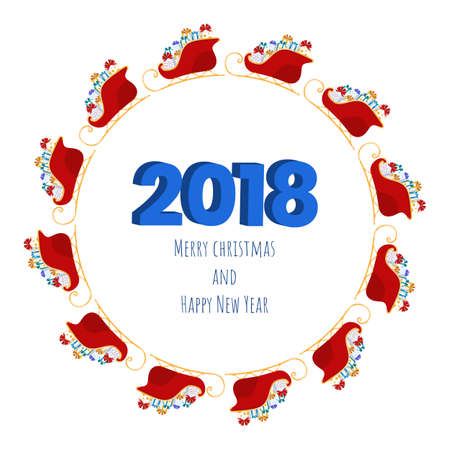 2018 Happy new year numbers design with santa sleigh and presents. Festive design template for holiday greeting card. Vector Illustration.のイラスト素材
