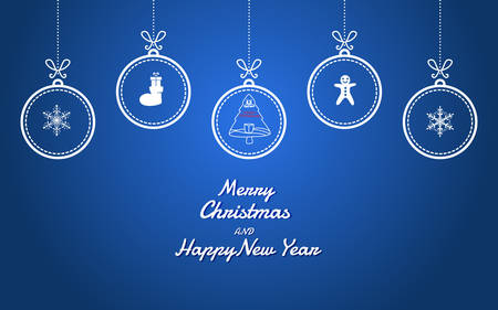 Christmas ornaments hanging with ribbon isolated on blue background. Merry Christmas and happy new year. Vector Illustration.のイラスト素材