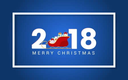 2018 Merry Christmas, numbers design and Santa sleigh with presents. Festive design template for holiday greeting card. Vector Illustration.のイラスト素材