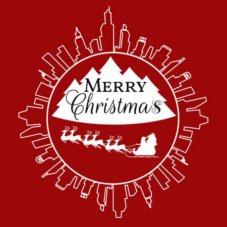 White Silhouette of Santa Claus flying with reindeer sleigh on sky to a city over a red background. Cartoon Vector Illustration.のイラスト素材