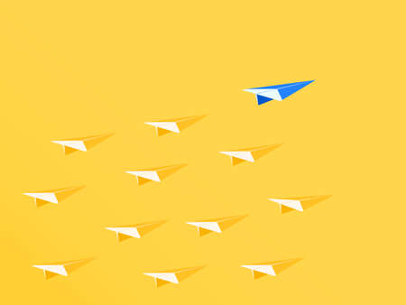 Leadership concept. Blue paper airplane leader standing out from the crowd. Business advantage...
