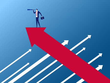 Businessman stand on arrow growth graph on the opposite direction using telescope looking for success, opportunities, future business trends. Vision concept. Cartoon Vector Illustration.のイラスト素材