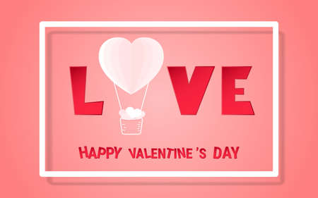 Happy valentines day concept of love. Heart shape hot air balloon carrying a lot of heart. Paper art design. Vector Illustration.のイラスト素材