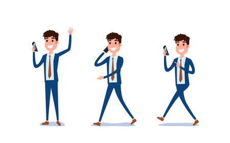 Young businessman character design. Set of guy acting in suit using smartphone ,talking via phone and making selfie in various poses happy emotional. Different emotions and poses. Cartoon Vector Illustration.のイラスト素材