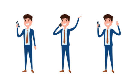 Young businessman character design. Set of guy acting in suit using smartphone ,talking via phone and making selfie in various poses happy emotional. Different emotions and poses. Cartoon Vector Illustration.のイラスト素材