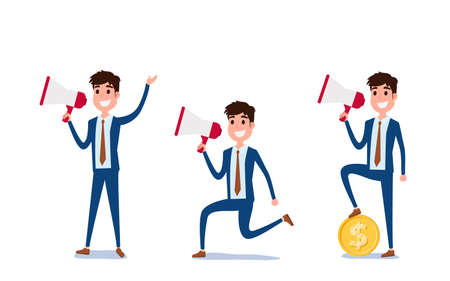 Young businessman character design. Set of guy acting in suit working in office, Different emotions, poses and running, walking, standing, sitting. Cartoon Vector Illustration.のイラスト素材