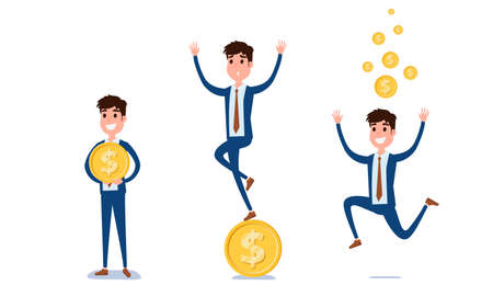 Young businessman character design. Set of guy acting in suit with money, Different emotions, poses and running, walking, standing, sitting. Cartoon Vector Illustration.のイラスト素材