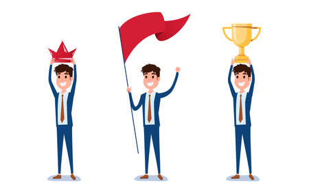 Young businessman character design. Set of guy acting in suit holds crown, flag, trophy of success, Different emotions, poses and running, walking, standing, sitting. Cartoon Vector Illustration.のイラスト素材