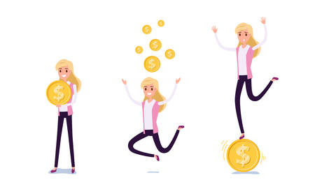 Young businessman character design. Set of business woman acting in suit with money, Different emotions, poses and running, walking, standing, sitting. Cartoon Vector Illustration.のイラスト素材