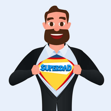 Happy Father's Day. Man open shirt to show SUPER DAD. Cartoon Vector Illustration.のイラスト素材