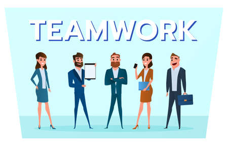 Business characters. Business people team with gadgets work to success. Cartoon Vector Illustration.のイラスト素材