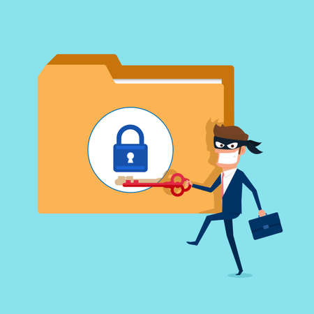 Thief. Hacker holds key stealing confidential data as passwords from a personal computer useful for anti phishing and internet viruses campaigns.のイラスト素材