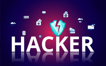 Design word HACKER concept of Thief. Hacker stealing sensitive data as passwords from a personal...