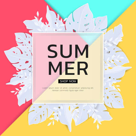 Summer tropical leaf banner sale. Seasonal design advertising paper cut style. Vector Illustration.のイラスト素材