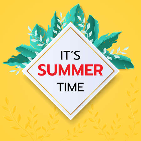 Summer tropical leaf banner sale. Seasonal design advertising paper cut style. Vector Illustration.のイラスト素材