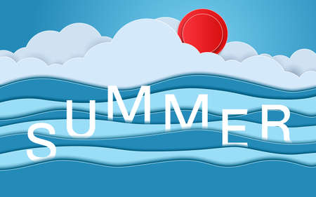 Blue sea and beach paper waves with text " SUMMER ". Paper cut style Vector Illustration.のイラスト素材