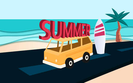 Blue sea and beach paper waves with SUMMER text on car. Paper cut style Vector Illustration.のイラスト素材