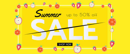 Summer sale banner with pieces of fruit. Seasonal design advertising paper cut style. Vector Illustration.のイラスト素材