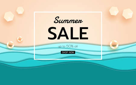 Summer banner sale. Top view blue sea and beach paper waves with umbrella beach and rubber ring. Seasonal design advertising paper cut style. Vector Illustration.のイラスト素材