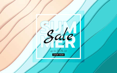 Summer banner sale. Top view blue sea and beach paper waves. Seasonal design advertising paper cut style. Vector Illustration.のイラスト素材