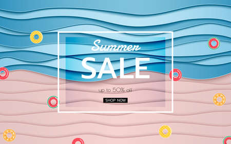Summer banner sale. Top view blue sea and beach paper waves with fruits rubber ring. Paper cut style Vector Illustration.のイラスト素材