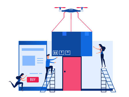 Concept of online shopping and drone delivery services. Technology shipment innovation. Cartoon Vector Illustration.のイラスト素材