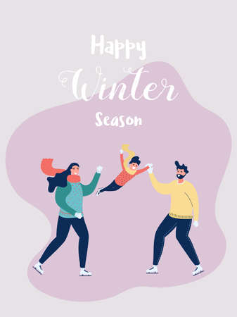 Happy family father, mother and son skating in the winter season. Dad raising his the boy. Happy family gesturing with cheerful smile. Merry Christmas and Happy New Year. Cartoon Vector Illustration.のイラスト素材