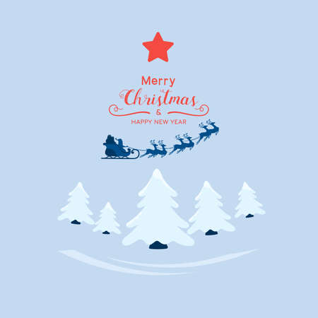 Winter city landscape snowy street and winter holiday. Santa claus flying with reindeer sleigh over the forest. Cartoon Vector Illustration.のイラスト素材