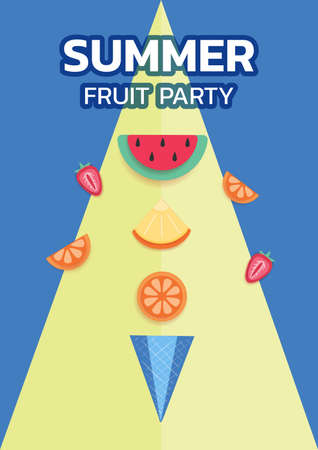 Paper art style. Design poster Summer Fruit Party with ice cream cone and fruit watermelon, strawberry, orange, pineapple. Paper cut modern design summer fruit concept. Vector Illustrationのイラスト素材