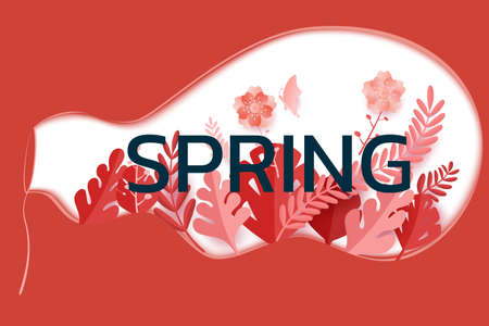 Paper art style. Spring season design leaves flower and butterfly in big bubble soap shape. Paper...