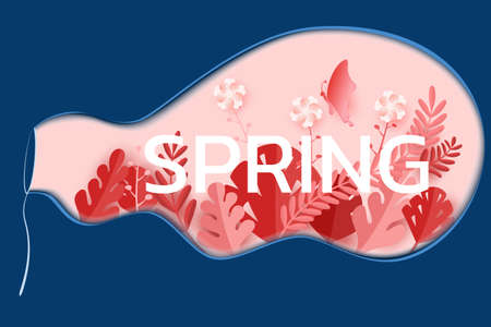 Paper art style. Spring season design leaves flower and butterfly in big bubble soap shape. Paper cut modern design. Vector Illustrationのイラスト素材