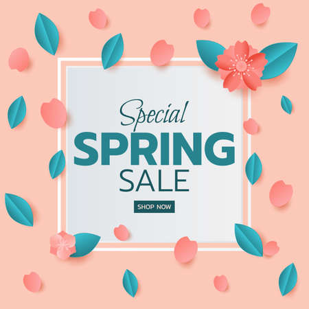 Paper art style. Spring sale banner design leaves and flower. Promotion offer template, banners, brochure, voucher discount, flyers, invitation, posters, wallpaper. Paper cut modern design. Vector Illustration.のイラスト素材