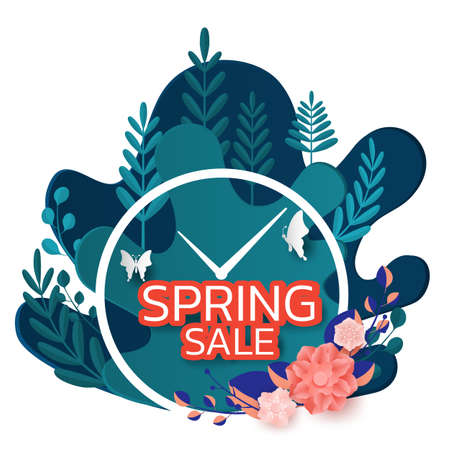 Paper art style. Spring sale banner design leaves flower and butterfly. Promotion offer template, banners, brochure, voucher discount, flyers, invitation, posters, wallpaper. Paper cut modern design. Vector Illustration.のイラスト素材