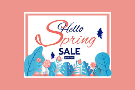 Paper art style. Spring sale banner design leaves flower and butterfly. Promotion offer template, banners, brochure, voucher discount, flyers, invitation, posters, wallpaper. Paper cut modern design. Vector Illustration.のイラスト素材