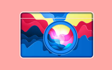 Paper art depth style. Design sea wave depth inside camera shape in summer time. Summer vacation....