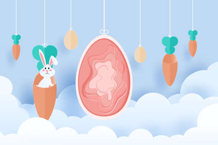 Happy Easter paper art. Easter egg and Bunny in paper cut style. Vector Illustration.のイラスト素材