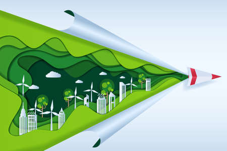 Earth Day paper cut style. Eco Friendly with Paper airplane on cloud, green city nature and renewable energy concept. Paper art Vector Illustration.のイラスト素材