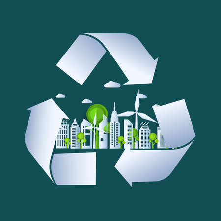 Earth Day paper cut style. Eco Friendly, green city nature and renewable energy in recycle sign concept. Paper art Vector Illustration.のイラスト素材