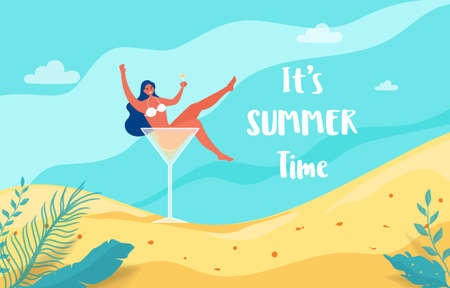 Summer holiday with beach scene. Hot girl in cocktail glass let's party summer vacation. Vector Illustration.のイラスト素材