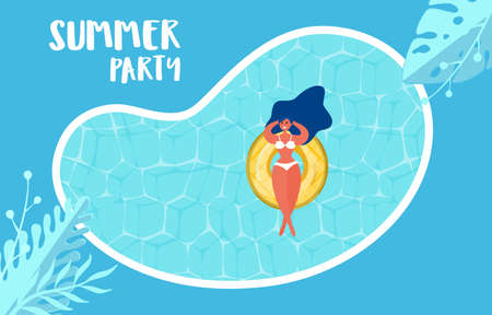 Top view of summer pool party. Summer time hot sale advertising design with girl on rubber ring in...