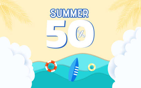 Top view blue sea paper waves and beach sale advertising design. Vector Illustration.のイラスト素材