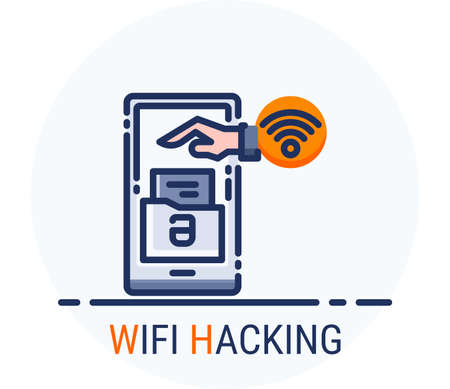 Filled Line Icons Style. Hacker Cyber crime attack Wifi Hacking for web design, ui, ux, mobile web, ads, magazine, book, poster. Vector Pixel Perfectのイラスト素材